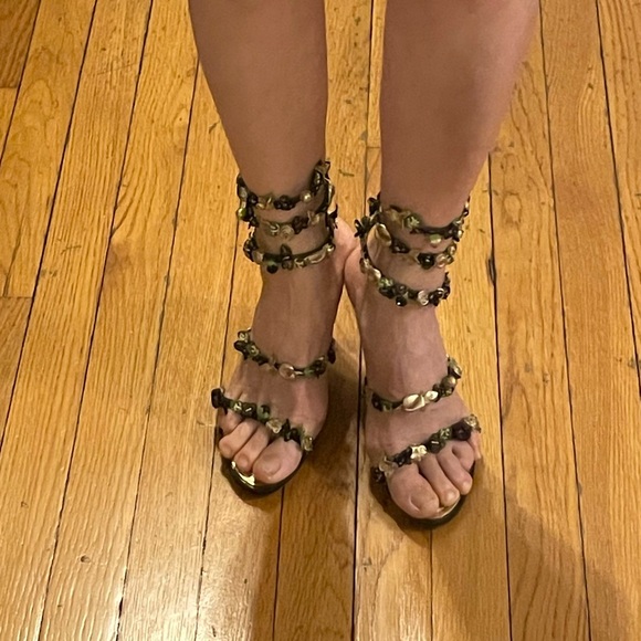 Rene Caovilla Black and Gold Floral Heels - Picture 4 of 7